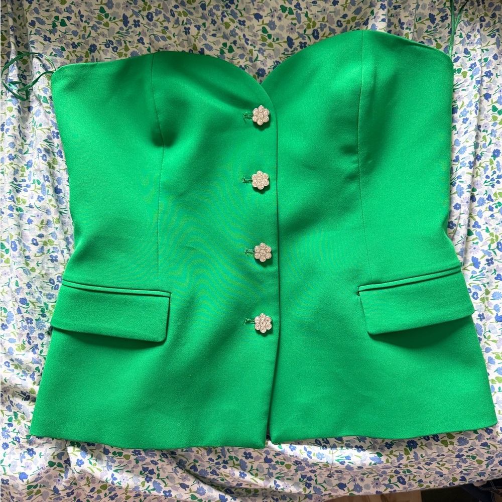 Zara Emerald Green Strapless Bustier Top with Floral Buttons